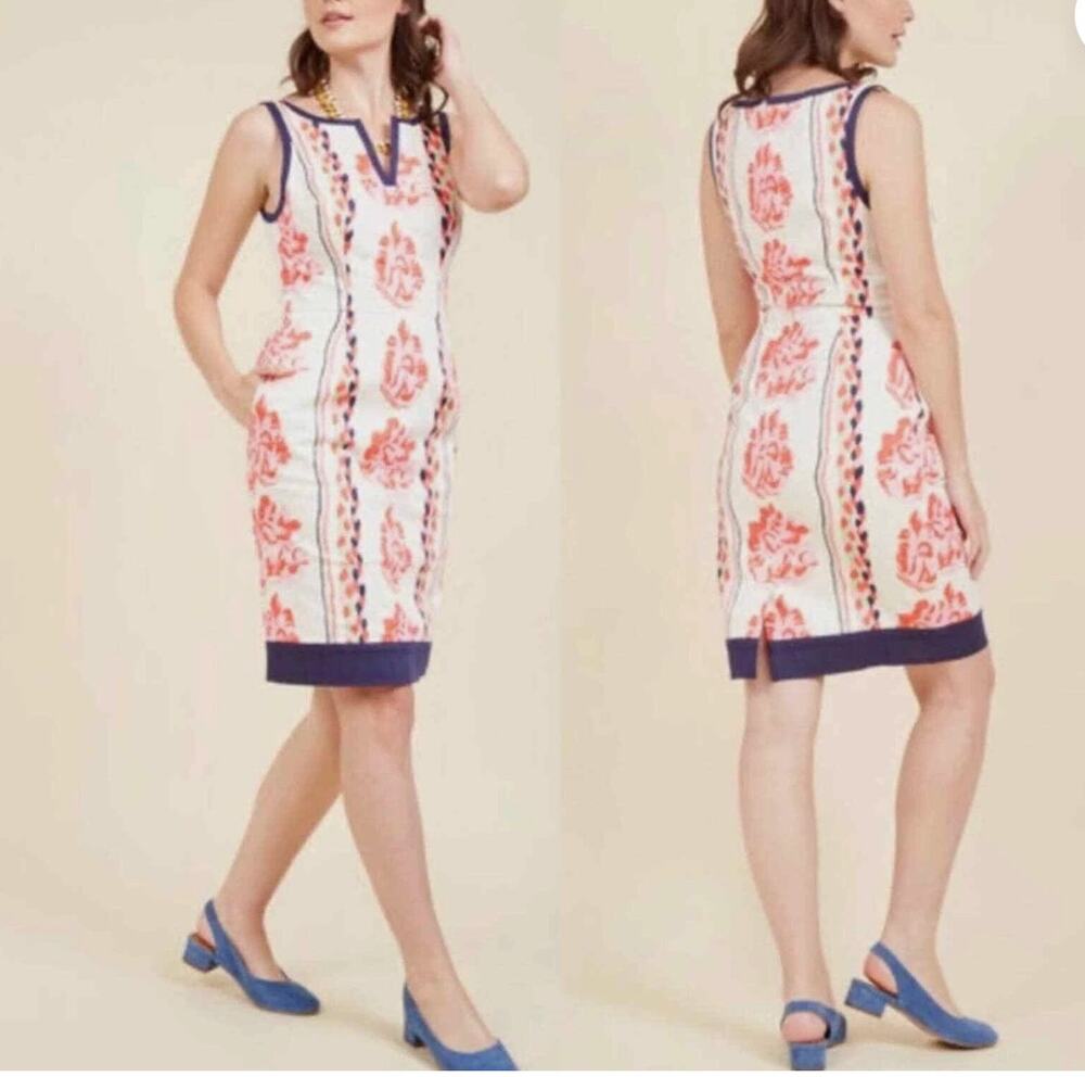 ModCloth Ivory Floral Sheath Dress Navy Trim Braided Stripe Sleeveless Summer L